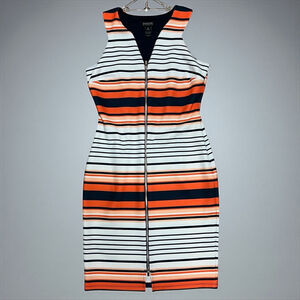 Enfocus Studio Orange Black White Striped Zip Front Sheath Dress Size 14